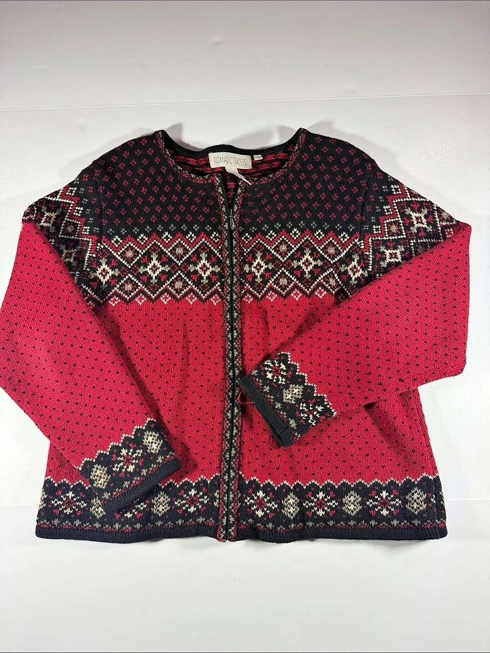 Nomad Traders Red & Black Fair Isle Zip Cardigan